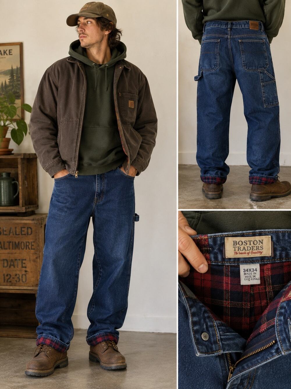 Vintage Boston Traders Flannel Lined Carpenter Jeans 34x34 Workwear Baggy Denim